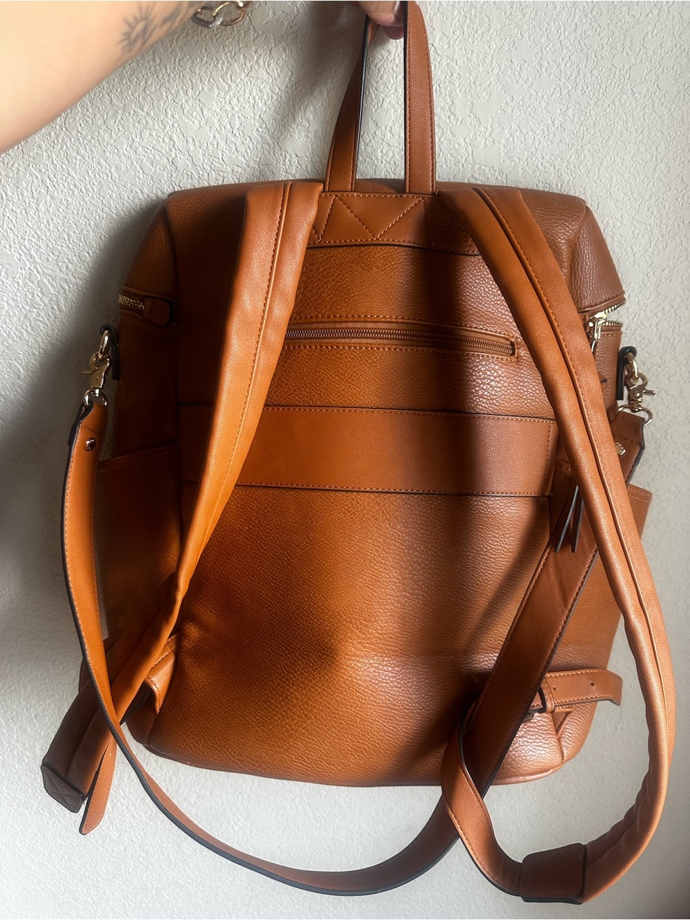 Poppy & Peonies Cognac Leather Backpack Tote - Picture 2 of 7
